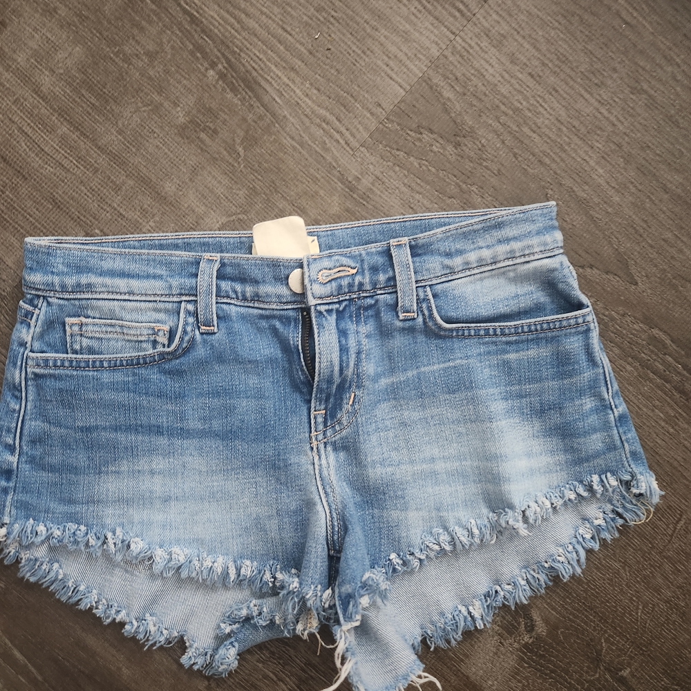 L'AGENCE Light Blue Frayed Jean Shorts